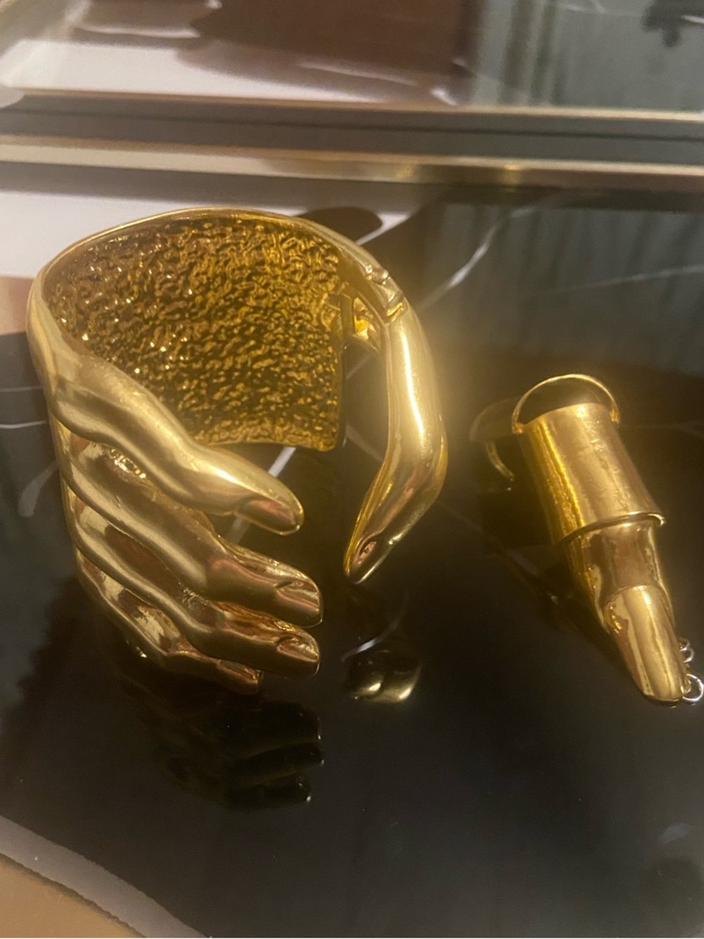 Artisan Hand Cuff Gold-Tone Bracelet & Matching Articulated Finger Ring #83